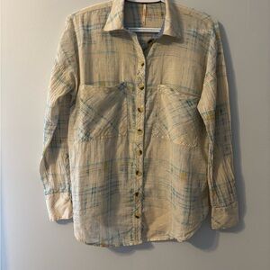 537T Free People Cream and Blue plaid sheer Button Down Shirt